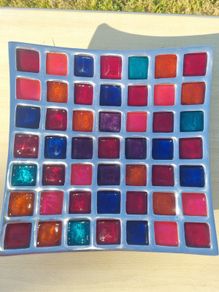 A colorful mosaic tray made of aluminum and enamel by Azeti