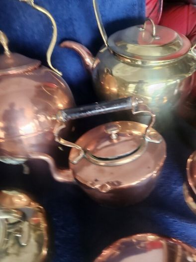 Vintage brass and cpper kettles. polished and beautiful.