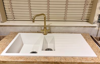 Kitchen Sink white composite & brass mixer tap