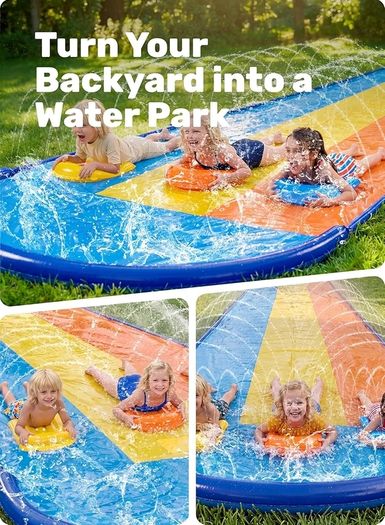 18ft/548cm Triple Lanes Water Slides and 3 bodyboards, Backyard Lawn Water Slides with Sprinkler for Kids Adults Outdoor Water Toy fun in summer for Kids Adults