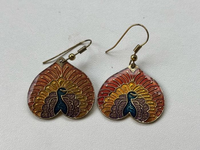 vintage cloisonne enamel peacock dangle earrings