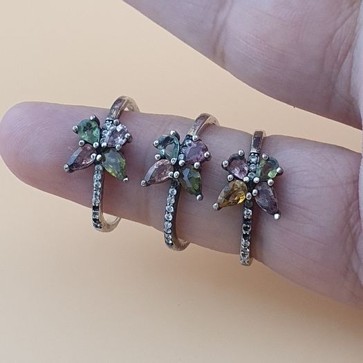 Vintage 925 Sterling Silver Multi-Color Tourmaline Butterfly Shape Rings Lot of 3