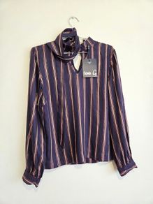 Fee G Navy & Rose Gold Metallic Stripe Blouse Size 10