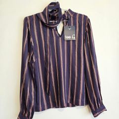Fee G Navy & Rose Gold Metallic Stripe Blouse Size 10