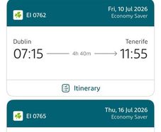July 10th 2026 Dublin to Tenerife return flights x2