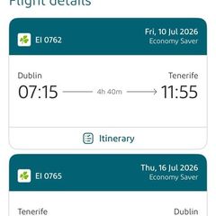 July 10th 2026 Dublin to Tenerife return flights x2