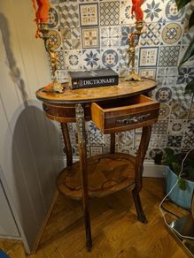 Table Vintage Antiques Rare find Satinwood rosewood side table with single drawer gift present  cottage home house hallway  side table  decoration display inlay top and bottom coffee  corner 1900 living bedside lamps bedroom kitchen restaurant phone