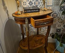Table Vintage Antiques Rare find Satinwood rosewood side table with single drawer gift present  cottage home house hallway  side table  decoration display inlay top and bottom coffee  corner 1900 living bedside lamps bedroom kitchen restaurant phone