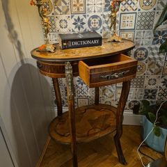 Table Vintage Antiques Rare find Satinwood rosewood side table with single drawer gift present  cottage home house hallway  side table  decoration display inlay top and bottom coffee  corner 1900 living bedside lamps bedroom kitchen restaurant phone