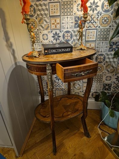 Table Vintage Antiques Rare find Satinwood rosewood side table with single drawer gift present  cottage home house hallway  side table  decoration display inlay top and bottom coffee  corner 1900 living bedside lamps bedroom kitchen restaurant phone