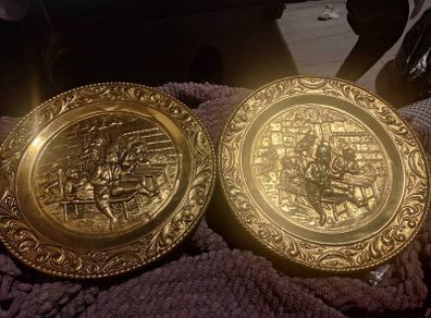 Vintage Embossed Brass Wall Hanging Plates Pair Tavern Pub Scene