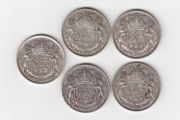 CANADA, 5 x 1945, 50 cents coins, 5 x 80% silver coins (no. 485)