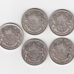 CANADA, 5 x 1945, 50 cents coins, 5 x 80% silver coins (no. 485)