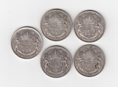 CANADA, 5 x 1945, 50 cents coins, 5 x 80% silver coins (no. 485)