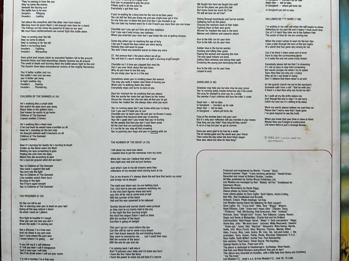 Iron Maiden. Irish release The number of the beast. Outer sleeve is vg+ inner sleeve is vg with some small age marks on 1 side. Vinyl is vg with some light wispy scuff marks and writing on 1 label