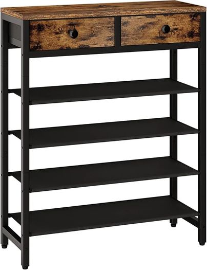 5 Tier Shoe Rack with 2 Drawers, Shoe Storage Organizer for 12-16 Pairs of Shoes, Modern Shoe Stand with Fabric Shelf for Entryway Closet Bedroom, Rustic Brown