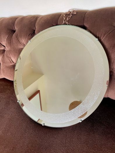 Vintage Frosted Rim Round Glass Wooden Backed Wall Mirror 1960s