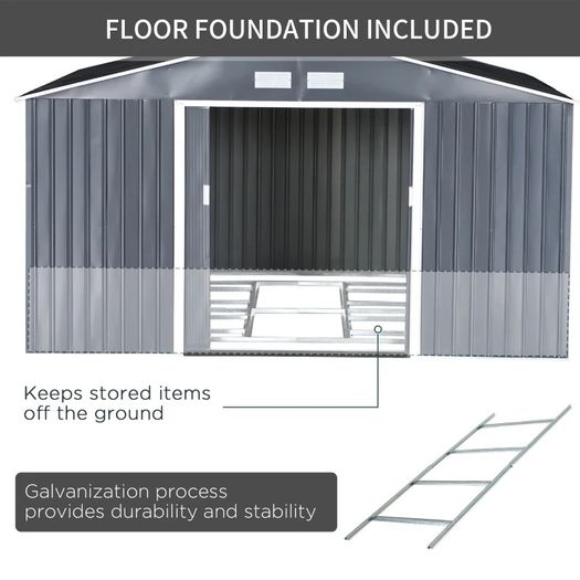 MASSIVE SALE 13x11FT Garden Roofed Metal Storage Shed Tool Box with Foundation Ventilation & Doors, Grey