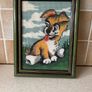 Framed Handmade Cross stitch Tapestry Puppy Image 2