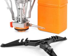Camping Stove with Fuel Can Stabilizer, Portable Windproof Camping Gas Stove with Carry Case, Mini Foldable Gas Tank Tripod, Pocket Stove Perfect for Camping, Hiking and Trekking