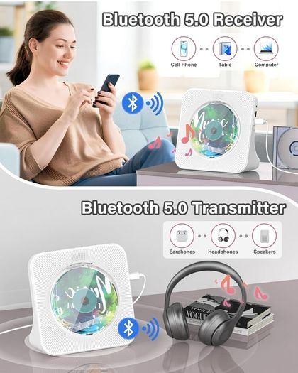 Portable CD Player with Bluetooth 5.0, Greadio Desktop CD Players for Home, CD Music Player with Speakers, Remote Control, Dust Cover, FM Radio, LCD Display, AUX, USB, Headphone Jack
