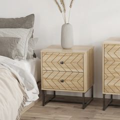 Bedside Table, Modern Nightstand with 2 Drawers, Zig Zag Design, Bedroom Night Table, Natural
