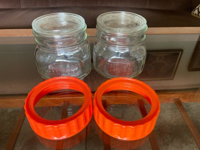 Pair Vintage 500ml 1970s Ravenhead Glass Kilner Jars With Orange Screw Lids