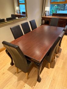 Exquisite Hand-Carved Dining Table & 8 Leather Dining Chairs