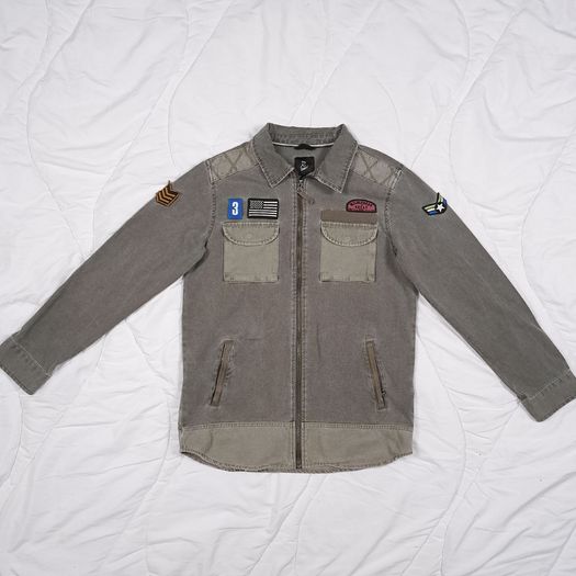 Art Class Grey Khaki Charcoal Patchwork Military Utility Jacket with Patches 8UK/36EU