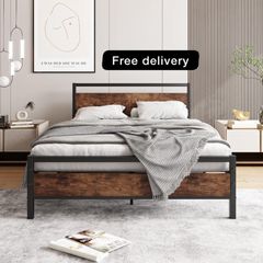 Double Bed Frame with Wooden Headboard,Heavy Duty