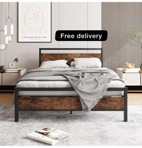 Double Bed Frame with Wooden Headboard,Heavy Duty