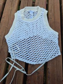 Bershka White Crochet Tie Top, Size UK8