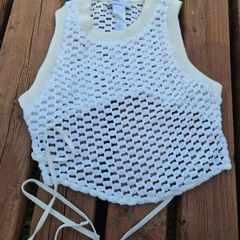 Bershka White Crochet Tie Top, Size UK8