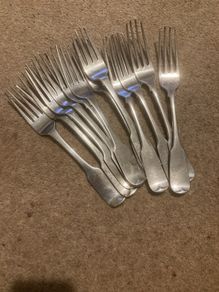 12 silver heavy forks made in Ireland around 1825 by well known Irish silversmiths.