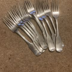 12 silver heavy forks made in Ireland around 1825 by well known Irish silversmiths.