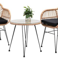 3-Piece. Balcony Set Side Table 2 Lounge Chairs Indoor Outdoor Weatherproof Natural Poly Rattan Look Garden Balcony Set