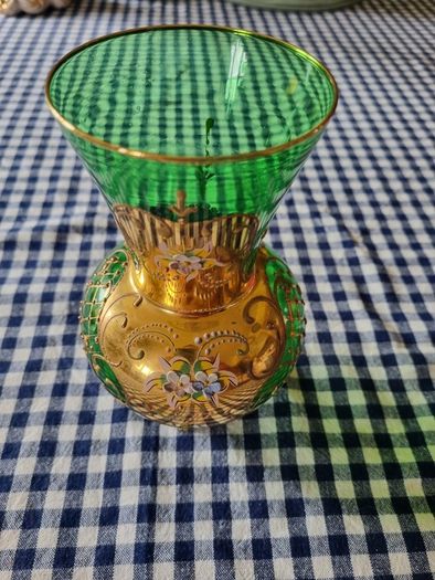 Vintage Bohemian Glass Czech Green Gold Vase