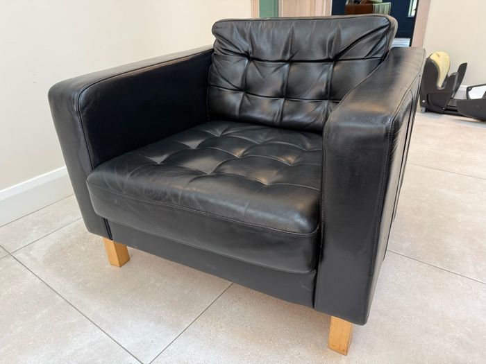 Black Leather Armchair and Matching Ottoman Footstool