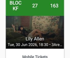 2 seated tickets for Lily Allen Tuesday June 30th