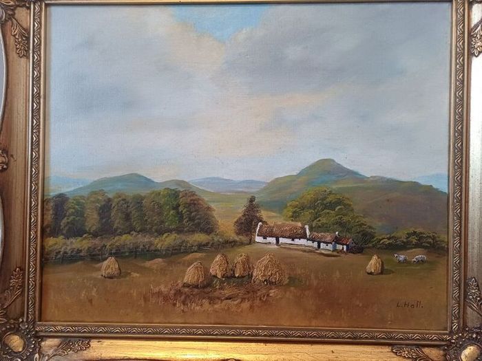 Vintage Framed Oil Painting - Traditional Irish Thatched Cottage Scene
