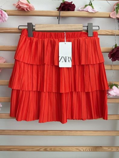 skirt Zara mini pleated tiered skirt coral red small