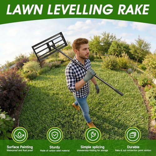 Lawn Leveling Rake  Level Your Lawn 3X Faster, 43x25cm,Perfect Weight Balance, Heavy Duty Gardening Tools with Adjustable Handle, Not Too Heavy,Not Too Small,Easy for Soil & Sand Spreading for Garden