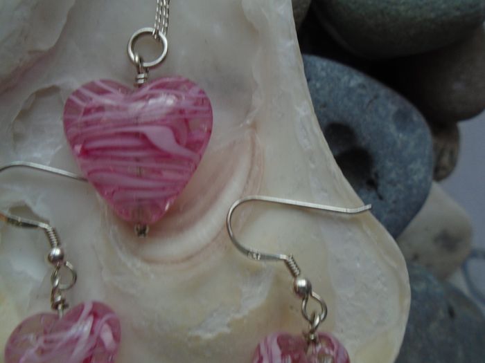 Jewellery set, Glass heart necklace.earrings,Silver jewellery.Valentines Day