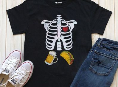 Funny skeleton with beer and tacos t-shirt