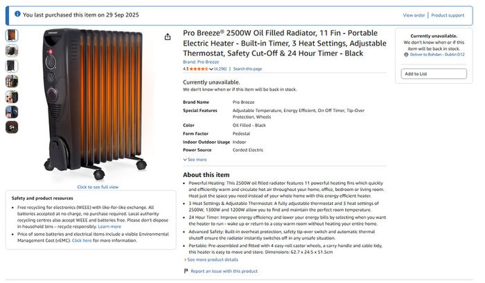 Pro Breeze 2500W Oil Filled Radiator, 11 Fin - Portable Electric Heater