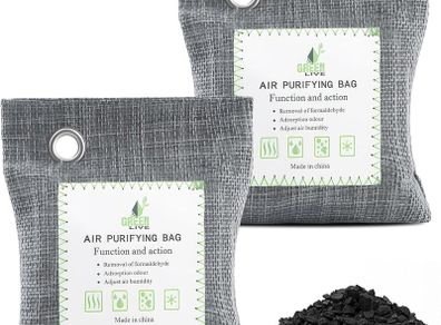 2 Pack Bamboo Charcoal Air Purifying Bags, Activated Charcoal Bags Removes Odors and Moisture, Odor Eliminator for Home, Car, Pets, Bathroom, Basement