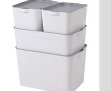 White Plastic Storage Boxes Containers Bins with Gray Lids 4Pcs