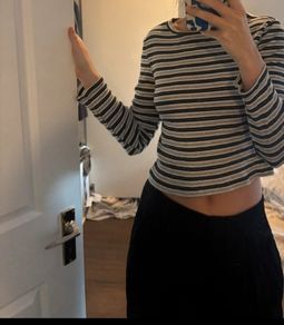 H&M striped ribbed top size S grey black white long sleeve