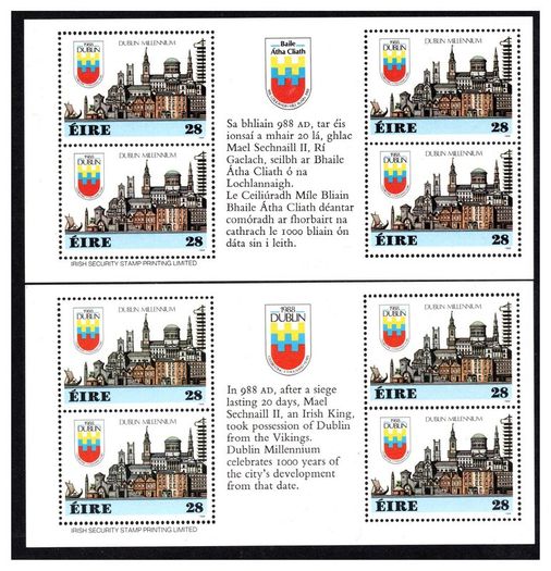 1988 Ireland Dublin Millennium Commemorative Stamp Booklet Panes Mint Never Hinged (MNH). Hiberninan HP29a &b