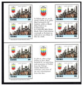 1988 Ireland Dublin Millennium Commemorative Stamp Booklet Panes Mint Never Hinged (MNH). Hiberninan HP29a &b